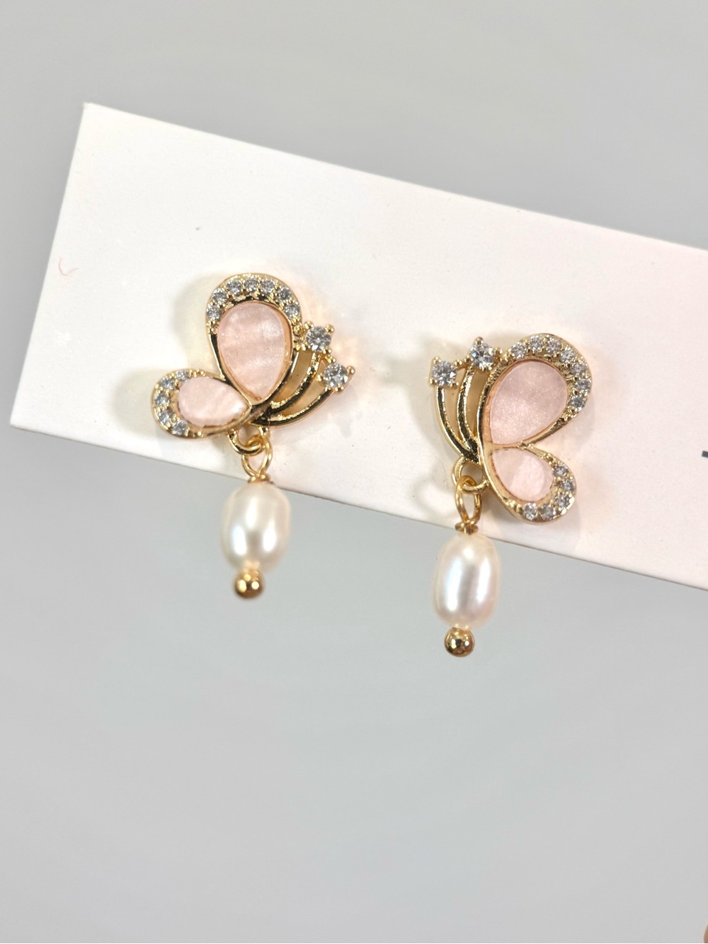 Gold Butterfly Real Freshwater Pearl Drop Earrings